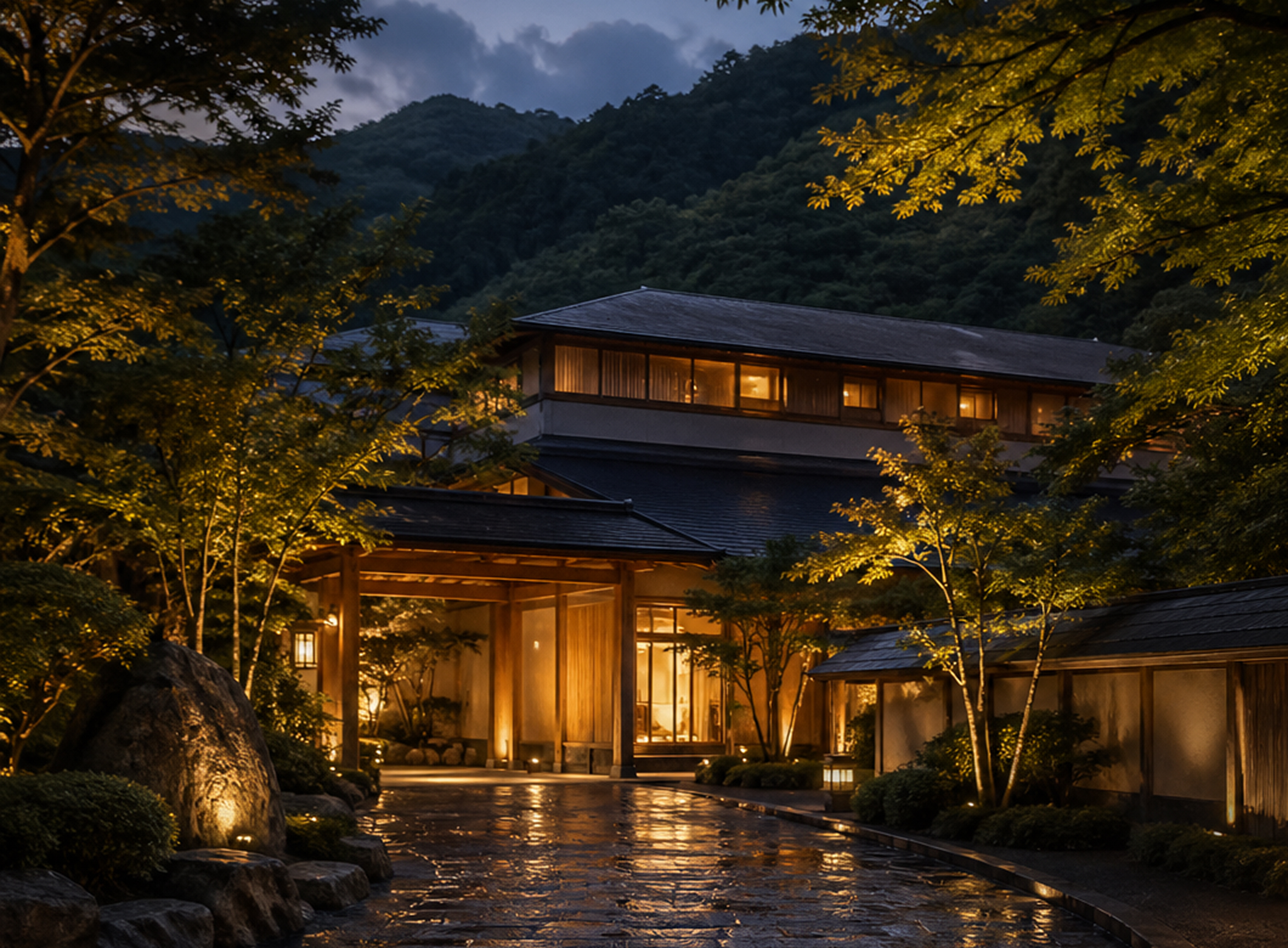 山乃湯 夕暮れの旅館外観